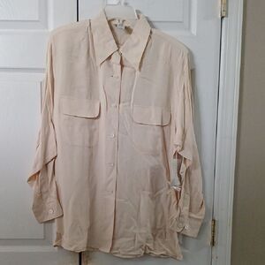 Anna Gray vintage tan button down long sleeve silk blouse Sz L NWT